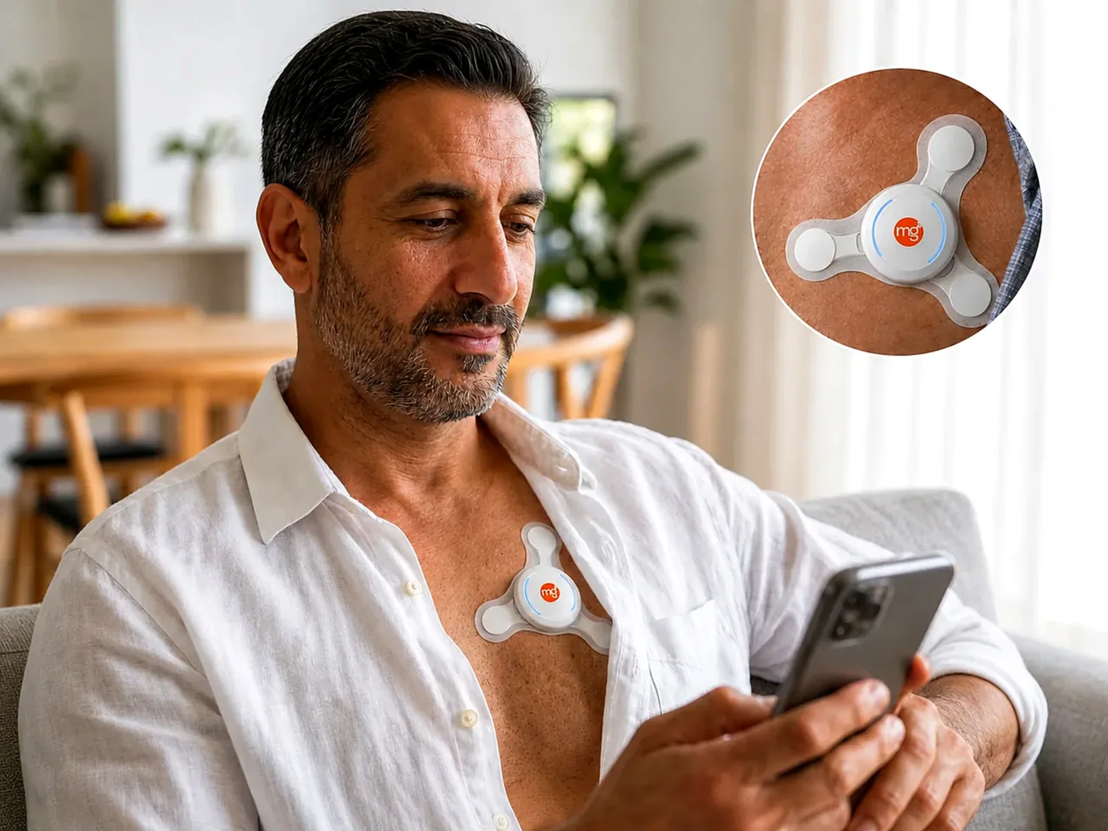 A man at home wearing the PulmoSens chest sensor and checking his phone