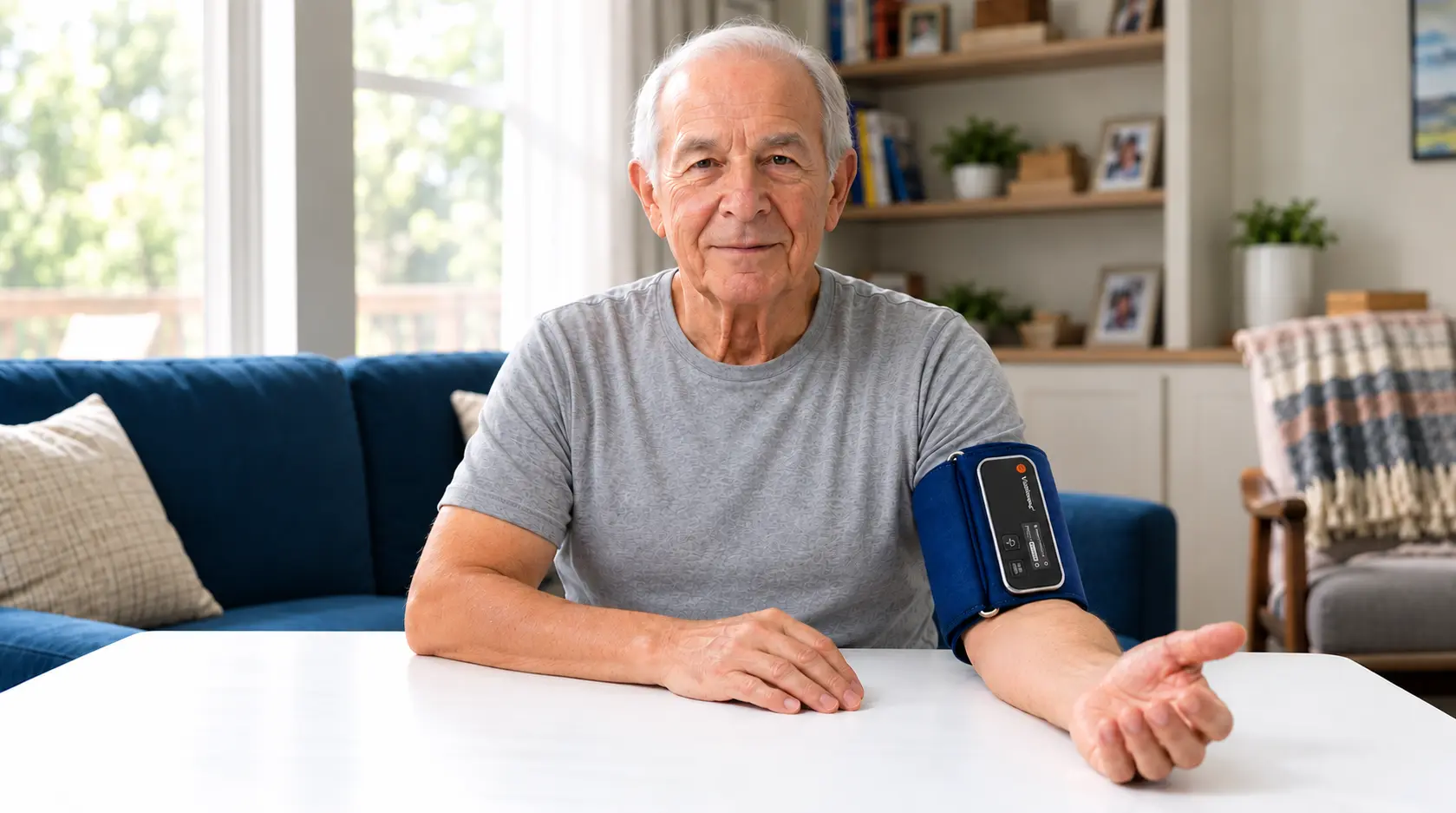 An older man at home with the VitalWeave box, wearing the band for the first time